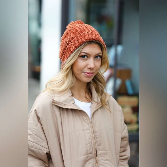 Rust Knit Velvet Chenille Fold Over Beanie - Picture 5 of 10
